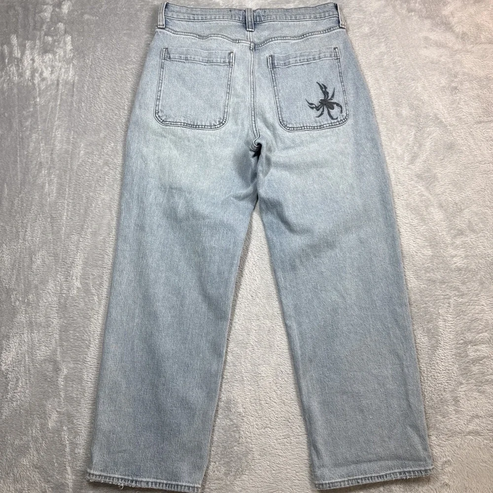 Hollister Baggy Jeans Men 31X30 (Fits 32X28) Blue Stretch Spider Embroidery